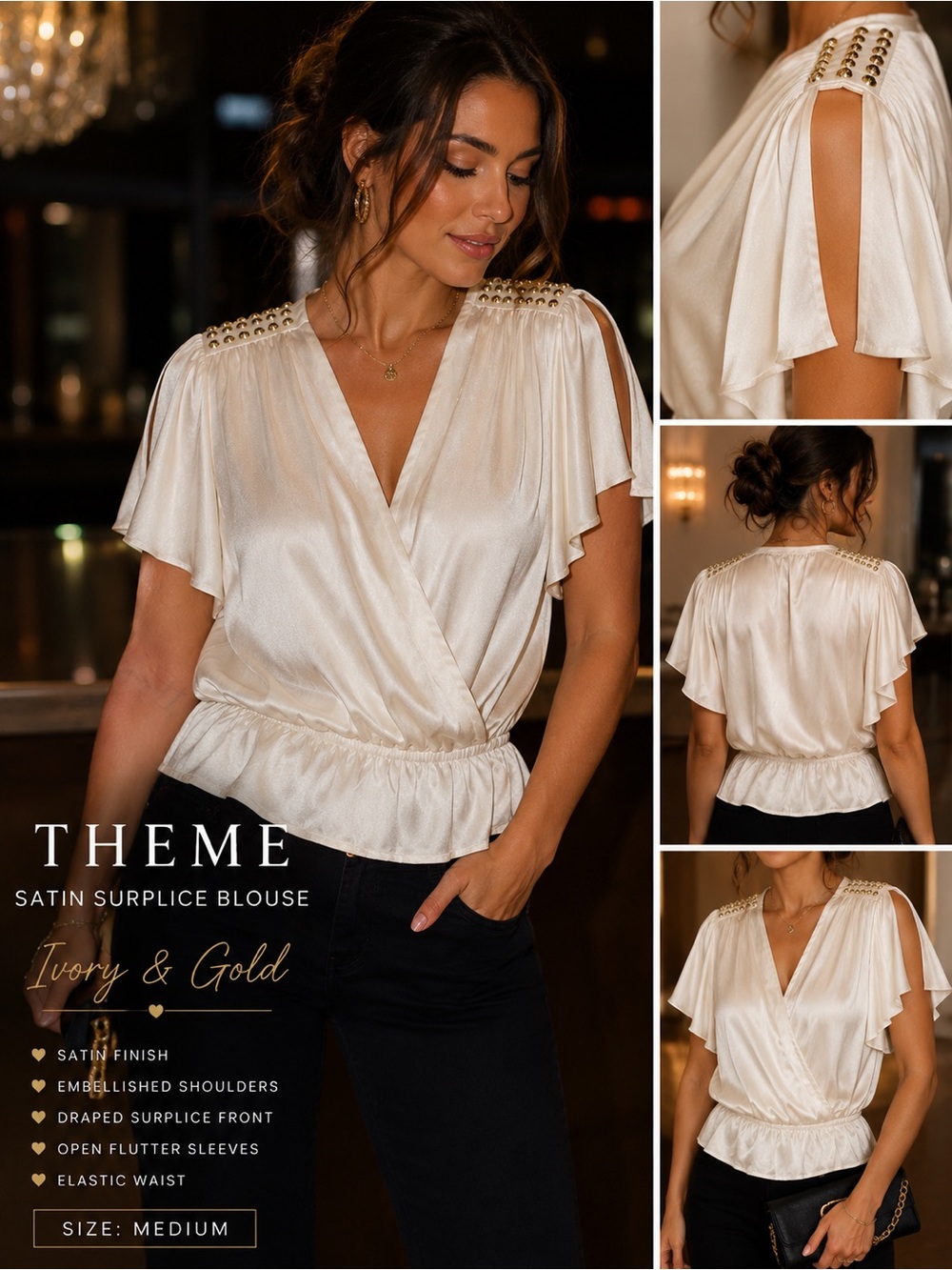 Theme Ivory Satin Surplice Blouse Gold Studded Shoulder size Medium